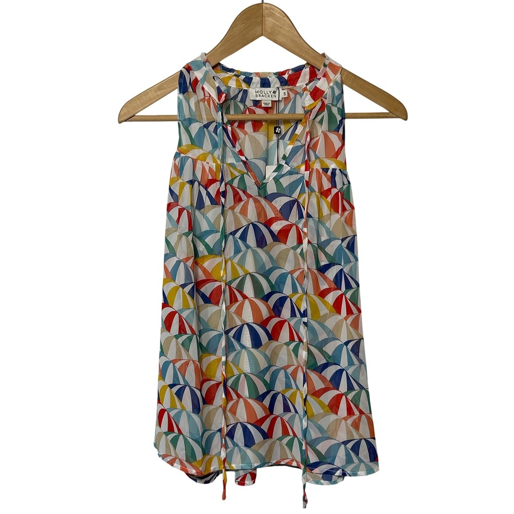 Molly Bracken Sleeveless V Neck Beach Umbrella Print Tie Neck Blouse Small NWT
